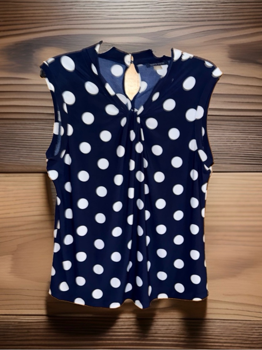 Tommy Hilfiger Navy and White Polka Dot Sleeveless Twist-Front Blouse-L-EC